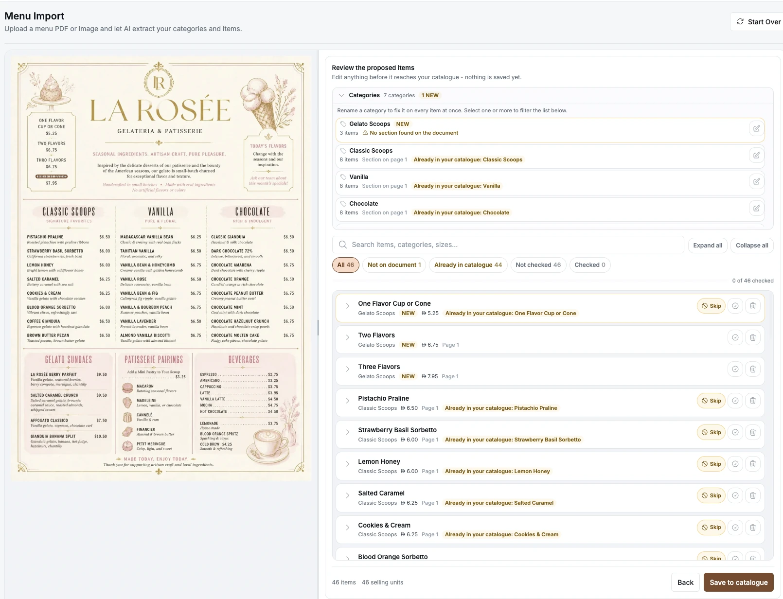 AI import review screen: the uploaded menu on the left, the extracted categories and items on the right, each one flagged as new or already in your catalogue