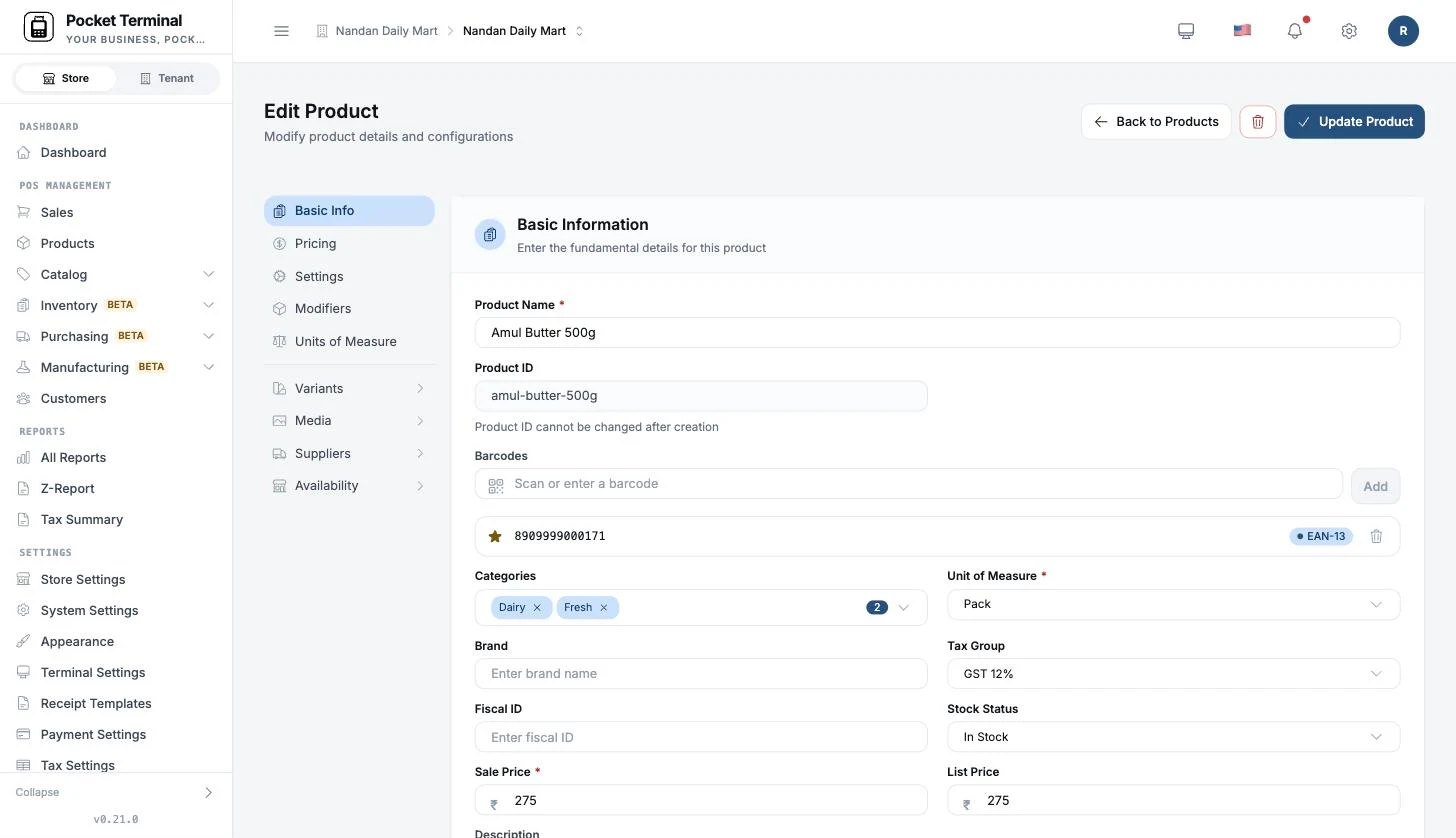 Product edit screen in the back office with barcodes, categories, tax group and the variants tab