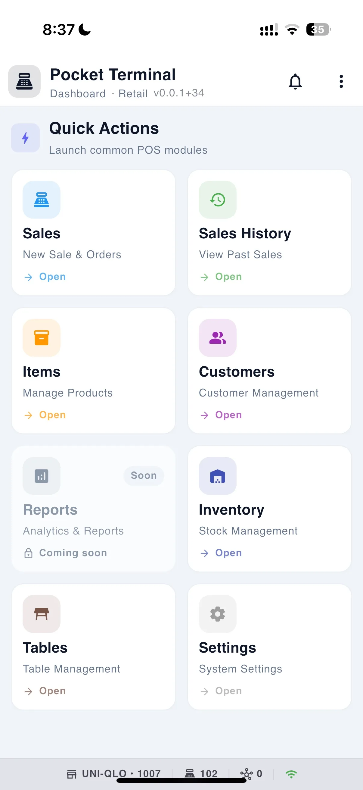 Dashboard — quick actions and today's overview