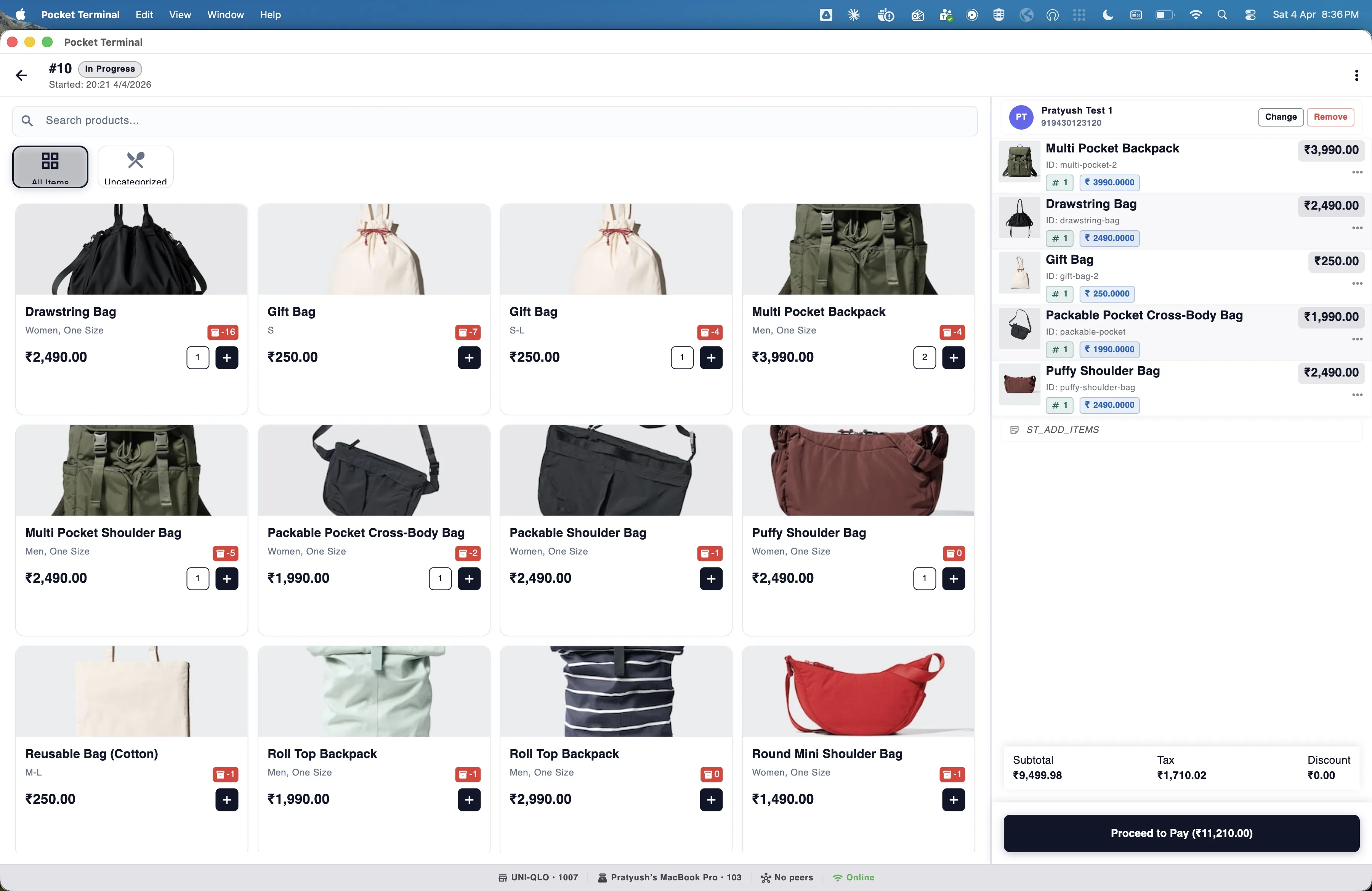 Preview of the till app on macOS with the item grid on the left and a five-line cart on the right