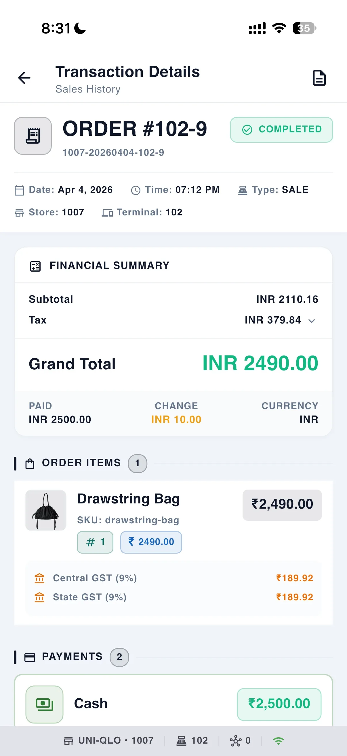 Transaction details — full financial breakdown