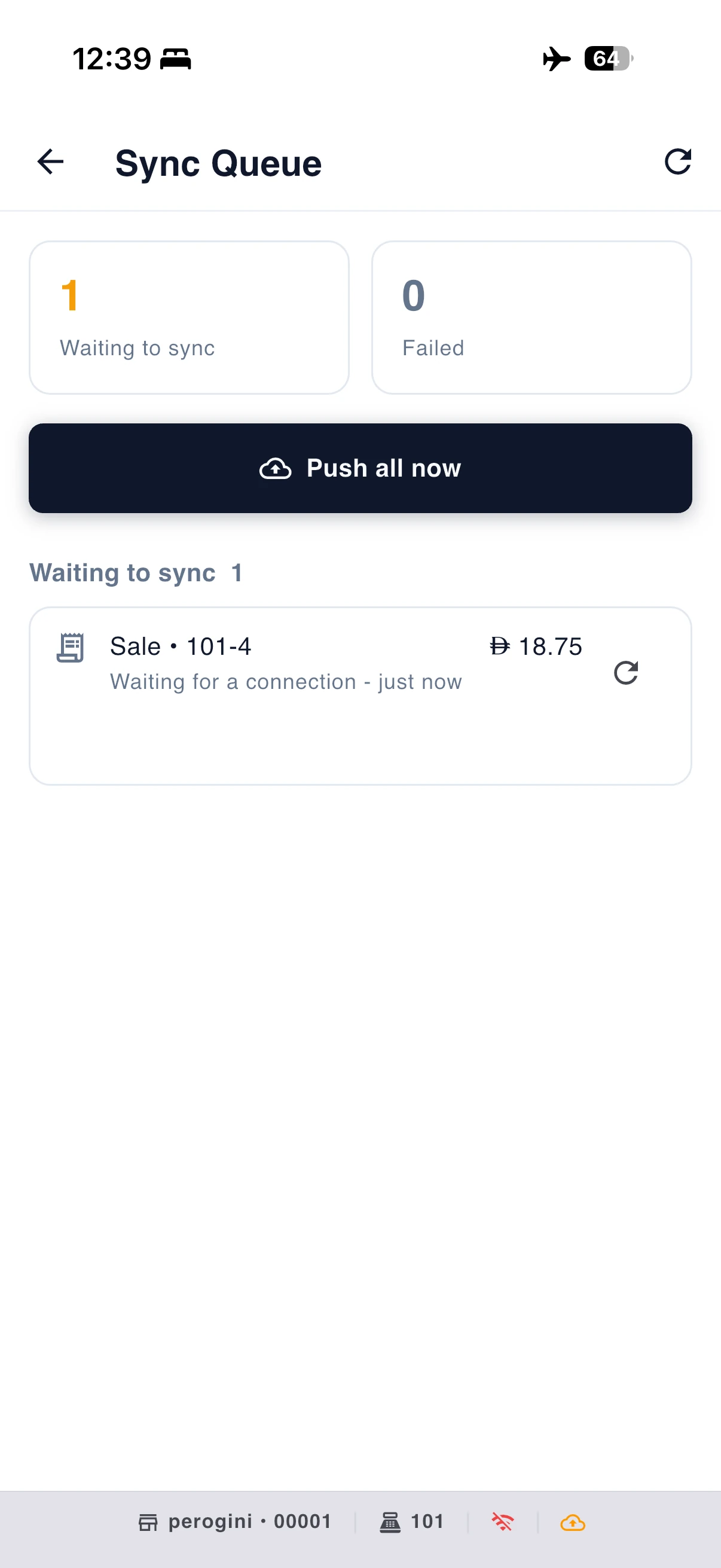 Sync Queue with one sale waiting for a connection and nothing failed, taken with the phone offline